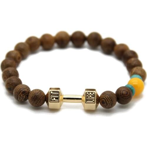 Ailatu Powerful Energy Barbell Jewelry for Men 8mm Natural Wood Bead Fitness Fashion Dumbbell Bracelet