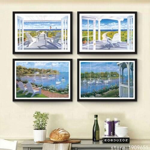 No frame Mediterranean white chair blue sky scenery canvas printings oil painting printed on cotton wall art decoration pictures