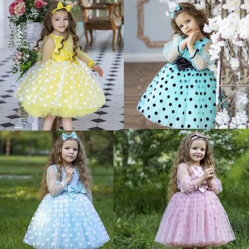 Cute Style Wedding Birthday Party Princess Dresses Spring Autumn Polka Dot Bow Dresses Knee-Length Children Clothing 4-10 Years