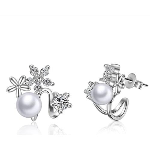 KOFSAC New Fashion Silver 925 Earring Shiny Crystal CZ Flower Pearl Non Piercing Cartilage Ear Clip Earrings For Women Jewelry