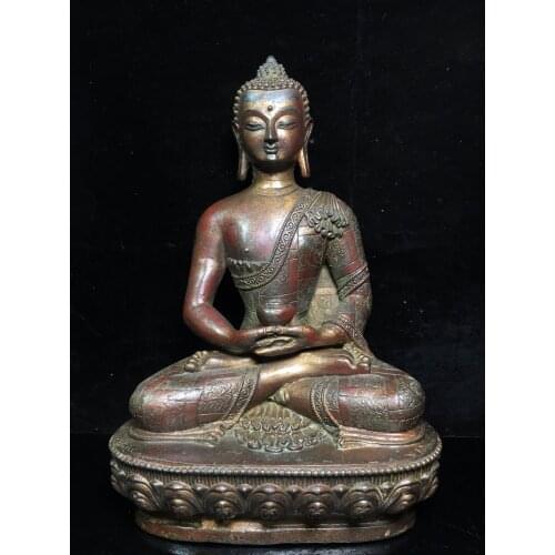 12"Tibet Temple Collection Old Bronze Cinnabar Lacquer Shakyamuni Buddha Amitabha Sitting Buddha Ornaments Town House