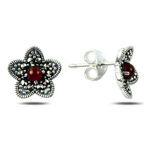 KUTAYDAN Marcasite & Natural Stone Flower Earrings 925 Sterling Silver