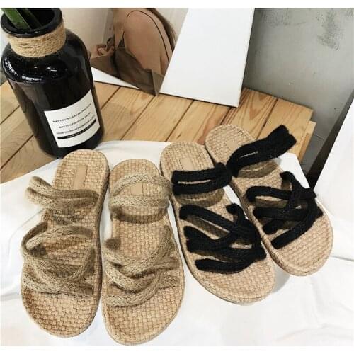 Summer personality woven linen sandals female non-slip seaside holiday bohemian straps beach flat sandals and slippers