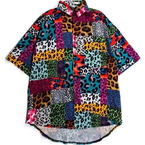 Summer Short-Sleeved Shirt Womens Street Harajuku Loose Casual Shirt Trend Color Stitching Leopard Print Shirt Mens Shirt