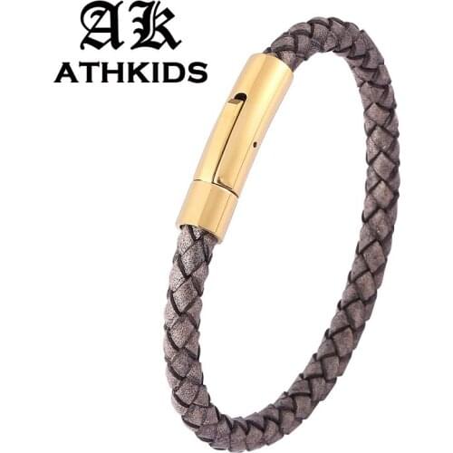Fashion Jewelry Antique Grey Braided Leather Bracelet Women Men Stainless Steel Clasp Vintage Unisex Wrist Band PD0461