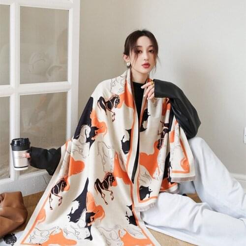 New European and American style ladies fashion popular horse pattern printing cashmere shawl Multifunction warm scarf best gift