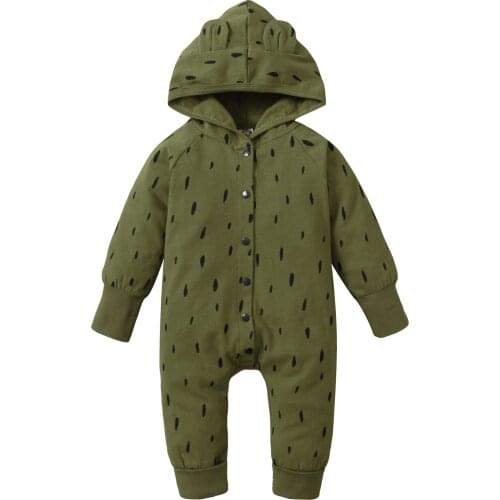 Baby Girls Boys Single-breasted Jumpsuit, Spring Autumn Dot Printing Long Sleeve Cartoon Ears Decoration Hooded Romper
