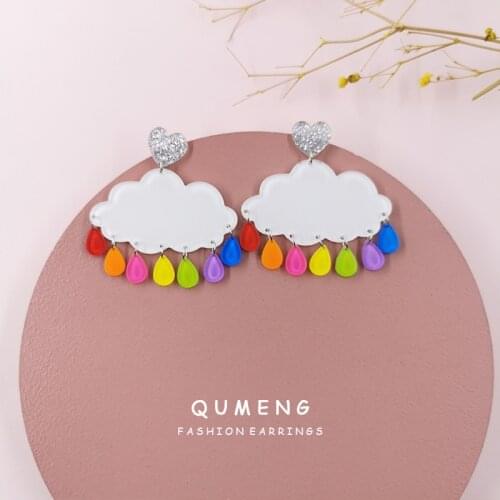 QUMENG 2020 Original Funny Wholesale Laser Cut White Cloud Acrylic Earrings Multicolor Rain Tear Drop Pendant Party Jewelry