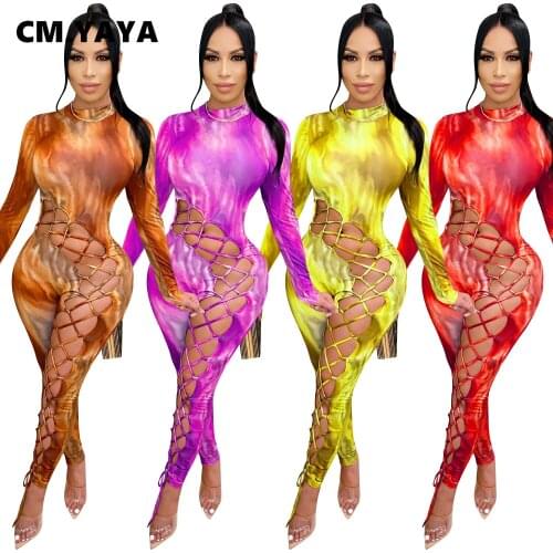 CM.YAYA Autumn Women Tie Dye Lace Up Hollow Out Bodycon Long Sleeve Jumpsuit Women Sexy Club Night Party Rompe One Piece Overall