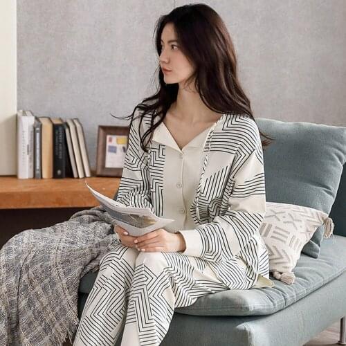 100% Cotton Autumn Womens Pajamas Set Bohemian Stripes Print Sleepwear V Neck Cotton Homewear Nightwear Pyjamas Female 2021 New