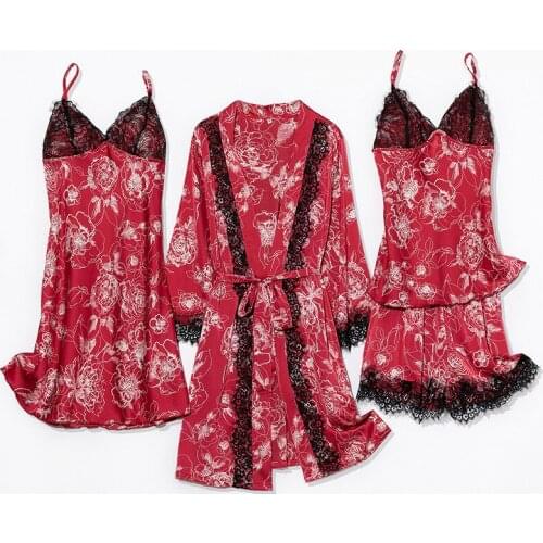 4PCS Pajama Set Women Floral Print Satin Sleepwear Pijamas Spring Summer Homewear Sexy Lace Lingerie Pyjamas With Chest Pads