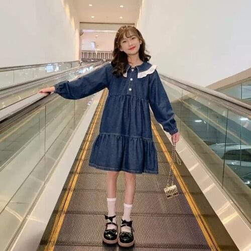 2021 Girl Dress Elegant Lace Denim Kids Dresses for Girls Autumn Long Sleeve Princess Costume Children Clothing 4 6 8 10 12 14 Y