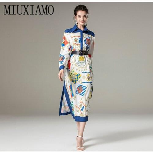 MIUXIMAO 2021 Spring Summer Newest Flower Print O-Neck Elegant Slim Long Sleeve Casual Loose Dress Women Vestidos With Belt