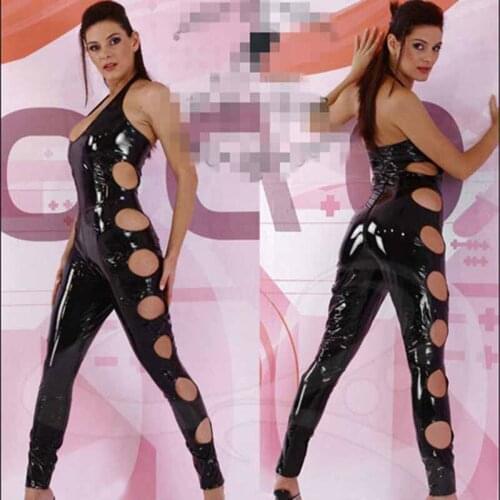 Sexy Women Hollow Out Shiny Bodysuit Faux Leather Bunk Catsuit Erotic Wet Look Sexy Club Jumpsuit Wear Lingerie Bodysuit F36