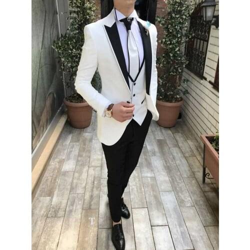 Custom Made Groomsmen White and Black Groom Tuxedos Peak Lapel Men Suits Wedding Best Man 3 Pieces ( Jacket+Pants+Vest+Tie )C877