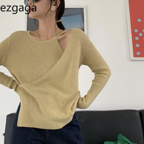Ezgaga Patchwork Irregular Long Sleeve Sweater Pullover Women Autumn Hollow Out Sexy Solid Knitted Jumper Loose Stretch Casual