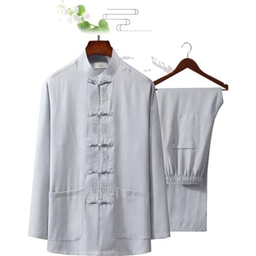 Tai Chi Suit 4XL Autumn Embroidery Chinese Mens Cotton Linen Wu Shu Clothing Long Sleeve Shirt & Long Pant Kung Fu 2020