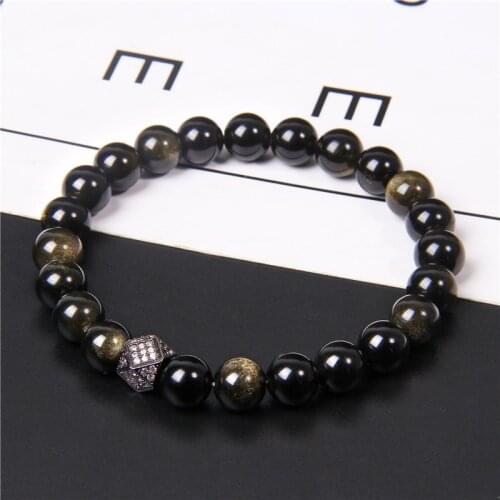 High Quality Natural Black Tourmaline Obsidian Beads Bracelet Fashion CZ Metal Square Charm Bracelet Jewelry for Women Men Gifts
