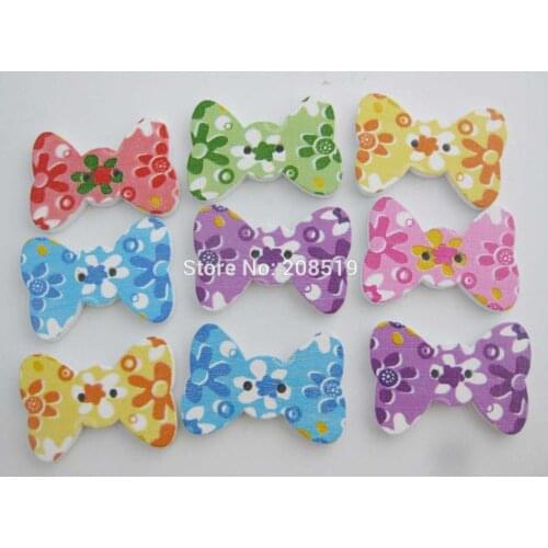 WBNALE 20MM*29MM Bows type Charm Buttons with Flower printed mix 150pcs Sewing wood button jewelry accessories