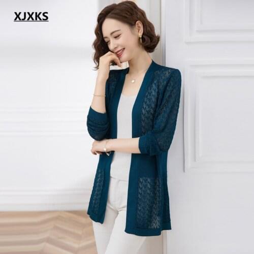 XJXKS 2021 summer new fashion V-neck women sun protection clothing comfortable thin knitted sweater women long cardigan