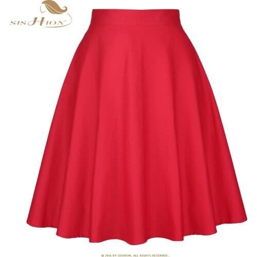 SISHION Red Skirt Elegant High Waist Solid Color Summer Spring Swing 50s Vintage Retro Rockabilly Midi A-Line Skirts Faldas