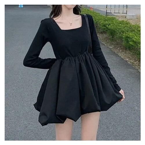 2021 spring fairy flower bud tutu skirt new Korean style square neck waist slim slimming long-sleeved dress female trend
