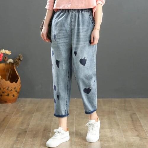 Ethnic Love Embroidered Jeans 2021 New Womens Elastic High Waist Cropped Harem Pants Washed Thin Summer Pants Commuter