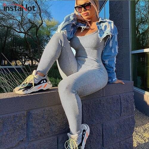 InstaHot Sexy Tank Jumpsuit Sleeveless Summer Casual Fitness Bodycon Women Romper Playsuit Rib knit Streetwear Jumpsuit 2020