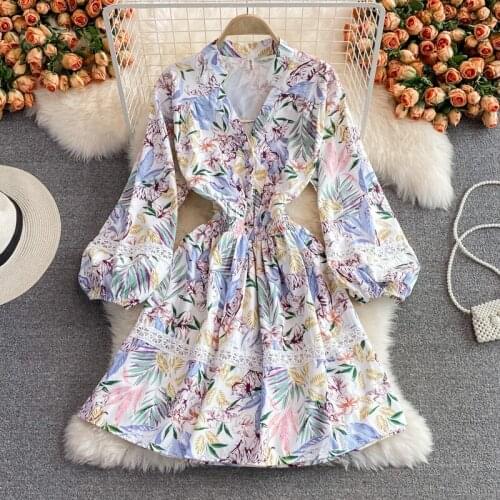 Fashion Women V-Neck Stitching Lace Hollow out Short Dress Lantern Sleeve Elastic Waist Floral Print Party Dress N65650