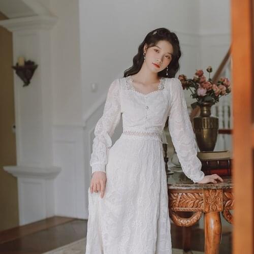 Dresses For Women 2021 Chiffon Embroidery Sweet Fairy Dress Square Collar Autumn Sexy High Waist Hollow Elegant Party Dress Robe