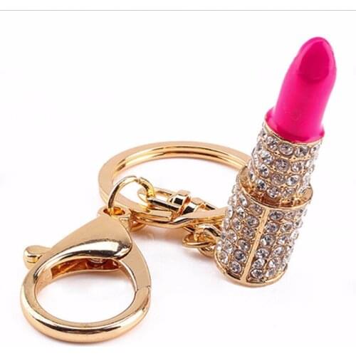 1Pc Crystal Rhinestone Lipstick Keyring Golden Charm Pendant Bag Purse Car Key Chain Gift