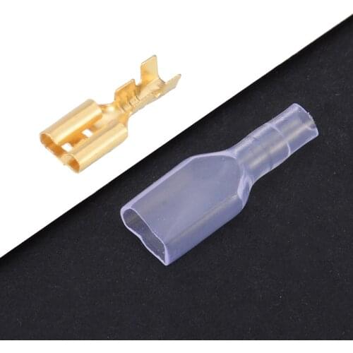 100pcs 4.8mm Gold Brass Crimp Terminals Female Spade Connectors 22~16AWG with Transparent Insulating Sleeve for Car Speaker