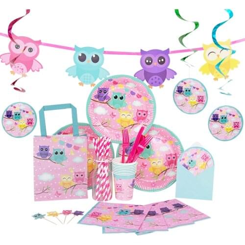8Guests Owl Disposable Tableware Sets Paper Plates/Cups/Napkins/Picks/Bunting/Gift Bag Kids Birthday Party Supplies Eco-Friendly