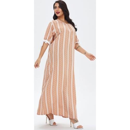 Aligaia Casual Plus Size Stripes Dress For Women 2021 Summer New Dubai Muslim Hijab Dress Turkey Islam Clothing Robe