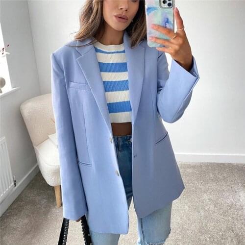 BLSQR Women 2021 Fashion Single Breasted Blazer Coat Office Long Sleeve Pockets Female Outerwear Chic Tops