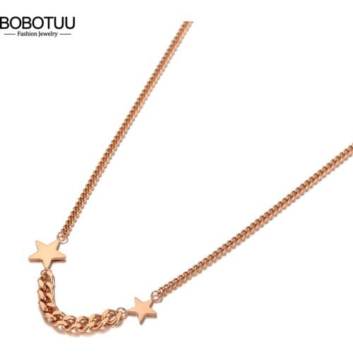 BOBOTUU Bohemia Rose Gold Double Star Charm Pendant Necklaces For Women Fashion Stainless Steel Link Chain Necklace BN20166