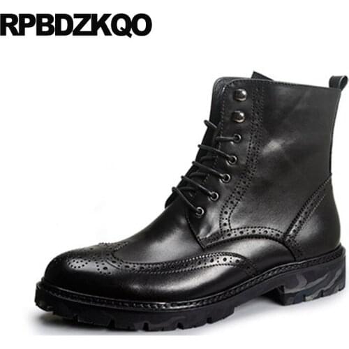 Full grain black ankle brogue retro combat boots comfortable army men wingtip brown winter shoes faux fur military handmade high