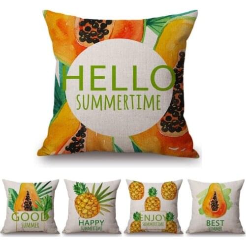 18" Tropical Plant Leaf Papaya Pineapple Design Summer Time Home Decorative Pillow Cover Nordic Cotton Linen Sofa Cushion Cover