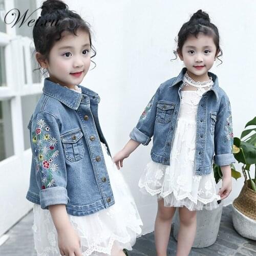 Childrens Jeans Jacket for Girls Spring Autumn Kids Flower Embroidery Blue Denim Jacket Coat Teenager Outerwear Clothes 3T-14T