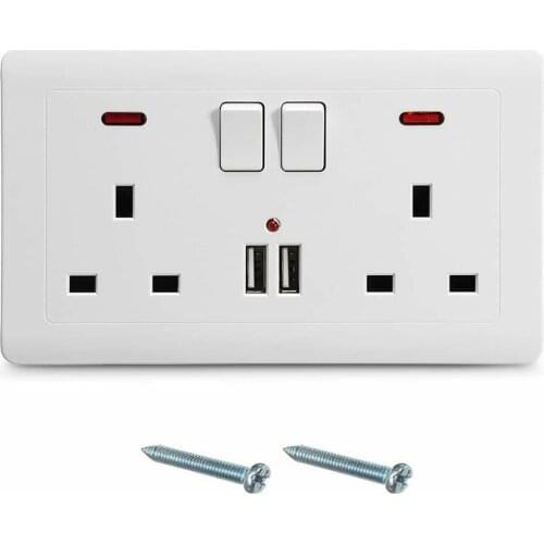 2 Gang Double Wall Plug Socket 13A+Dual USB Port Charger Outlets with Switch 2 Port Multifunctional Socket With USB Charger