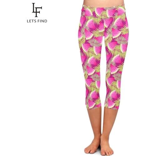 LETSFIND Pink Watermelon with Green Palm Tree Leaves Print Capri Leggings Summer High Waist Plus Size Fitness Mid-Calf Leggings