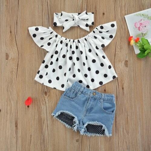 Summer kIds Baby Girls Suit Set Polka Dots Print Fly Sleeve Tops+ Denim Shorts Clothing
