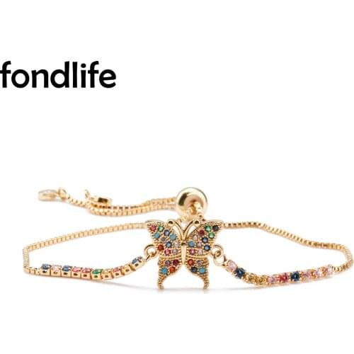 Multicolor Cubic Zirconia Stones Copper Butterfly Lucky Charm Gold-plated Chain Adjustable Bracelet Women Girl Copper CZ Jewelry