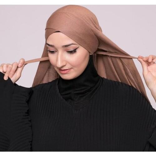 Trendy Jersey Hijab With Bonnet Elastic Rope Cap Solid Color Inner Scarf Headband Stretch Hijab Cover Headwrap Turbante