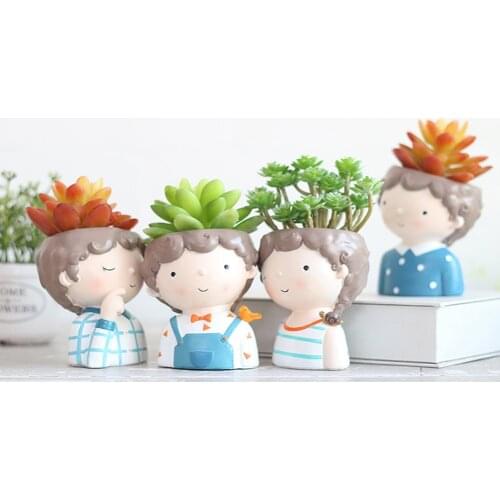 Cartoon Teenager Resin Flower Pot Ornaments Figurines Potted Plants Holder Male Teenager Potted Plants Desktop Decor