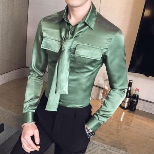 Mens Fashionable Solid Color Long-sleeved Shirt Slim Tie Remove Mens Shirt Chemise Homme Manche Longue