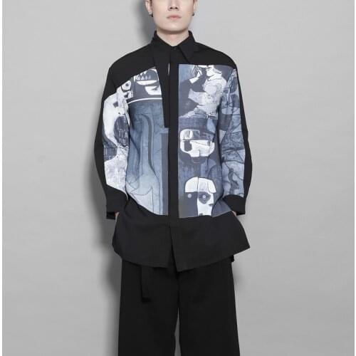 New Original spring trend mens Retro interesting design sense printed shirt male long sleeve shirt