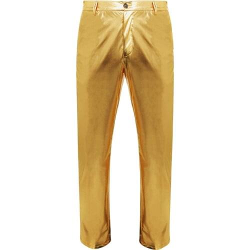 Mens Metallic Gold Pants/Straight Leg Trousers Casual Slim Fit Motorcycle Shiny Nightclub Stage Costumes Male Fashion Pants