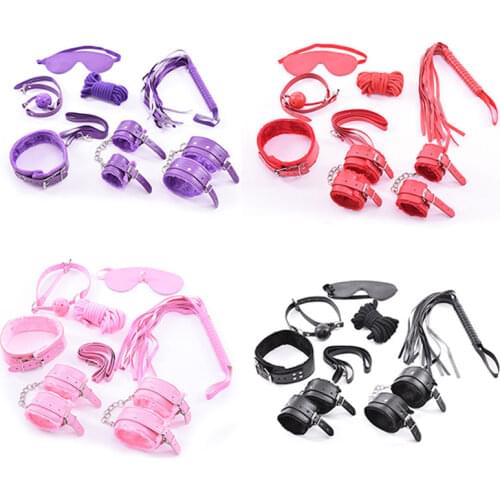 Adult Game 7 pcs Pink BDSM Bondage Restraints Set Kit Ball Gag Cuff Whip Collar Fetish Sex Toy Sets Leather Bondage Collar