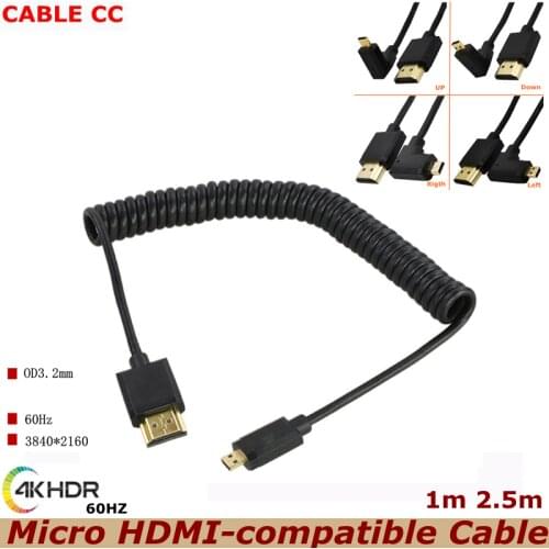 New 4K * 2K @ 60HZ OD 3.2mm Micro HDMI to HDMI Spiral Cable HDMI 2.0 to 90 Degree Micro HDMI Extension Spring HD Cable 1m 2.5m
